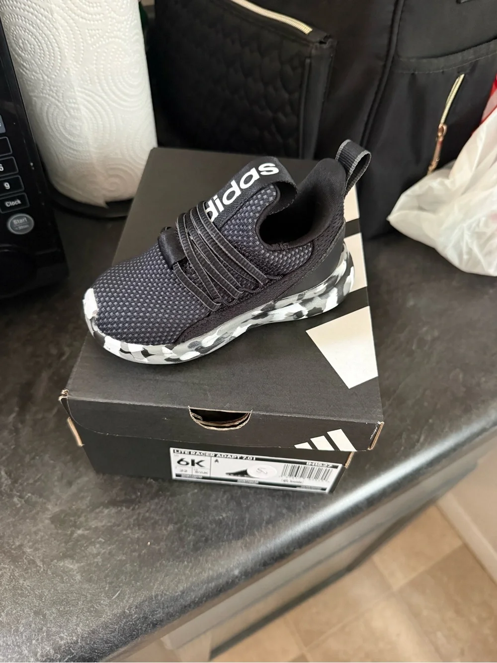 adidas Kids Black Slip-On Sneaker with Gray Camo Sole